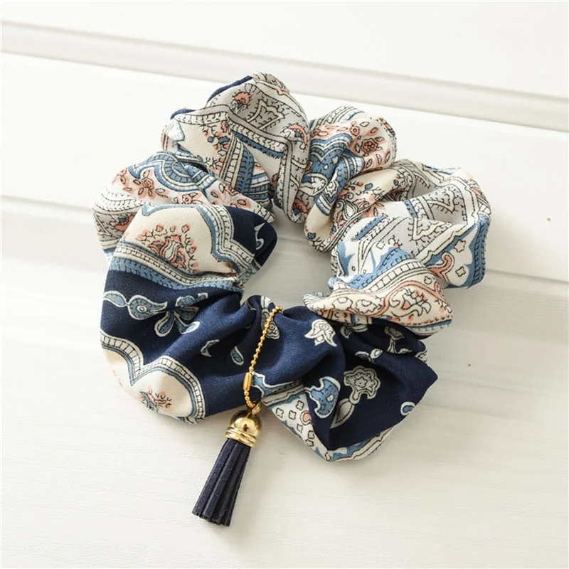 Ins Hot Selling Retro Vintage Printed Assorted Colors Elastic Hair Scrunchies Elasticized Hair Cord For Tassel Pendant For Woman