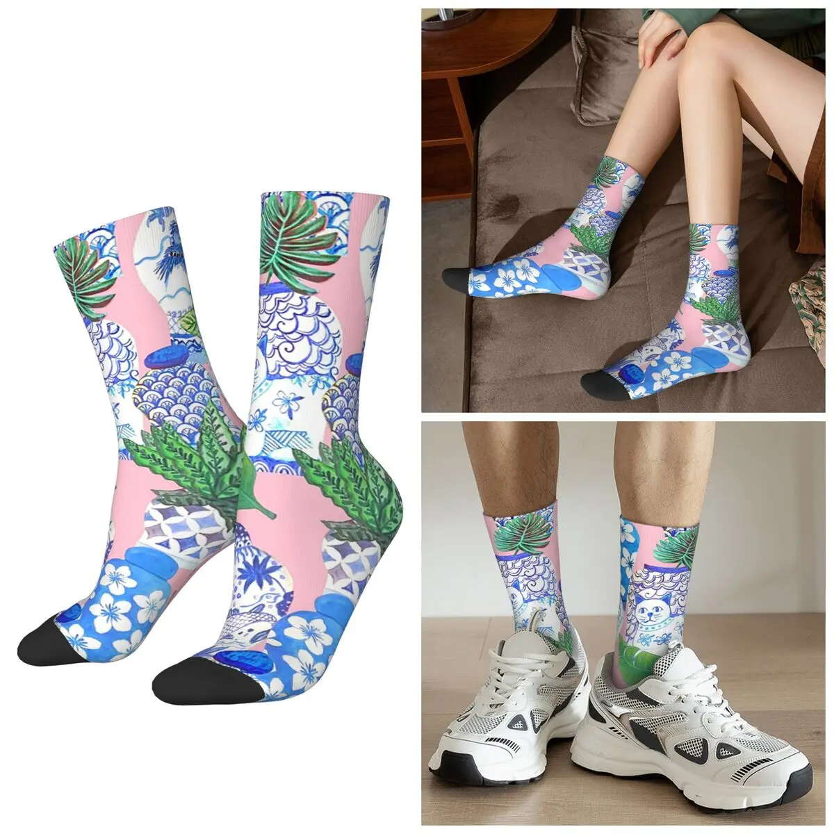 

Pink Chinoiserie Botanical Chinese Ginger Jars And Foo Dogs Socks Harajuku Crew Socks Stockings for Men Women Christmas Gifts
