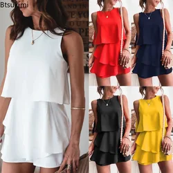 New 2026 Women's Summer Solid Layered Ruffles Jumpsuit Shorts Fashion Sleeveless O-neck Irregular Rompers Women Casual Playsuits
