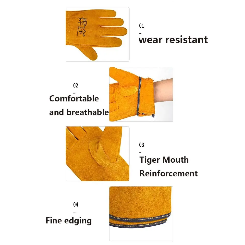 1Pair Durable Breathable Welding Gloves Cowhide Thickened Work Safety Glove Heat-resistant Heat-insulating Welder Gloves Adult
