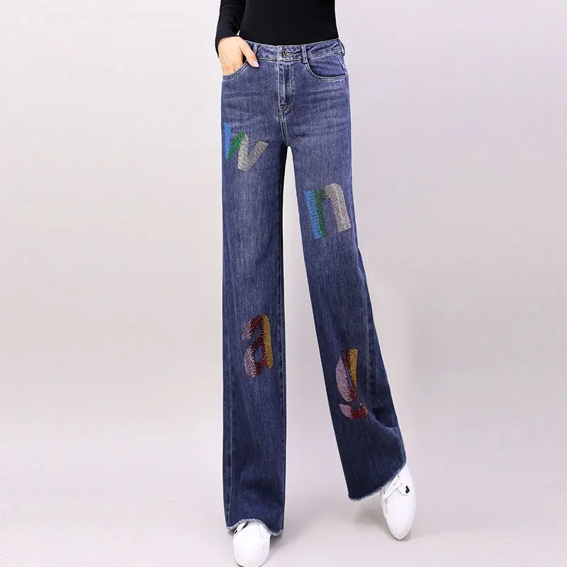

Джинсы женские с высокой талией, прямые, с принтом, осенние, новые, свободные, стройнящие, широкие брюки, универсальные, повседневные, модные