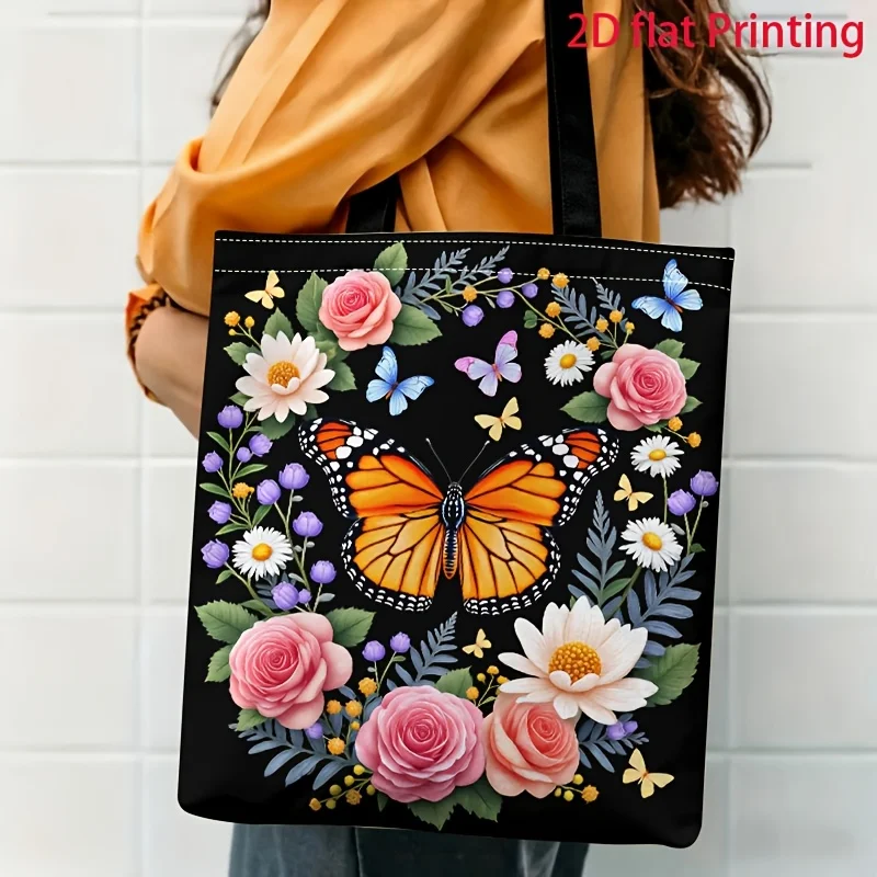 1pc Handbag Adorned with Colorful Butterflies And Blooming Flowers for Daily Commutes And Gatherings Shoulder Bag
