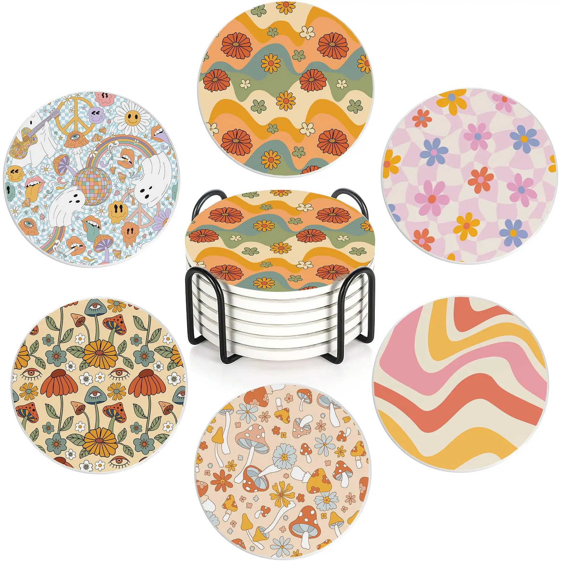 Vintage Ceramic Coasters Colorful Round Waterproof Coaster Cork Non-slip Heat Insulation Coffee Mats Home Accessories Kitchen