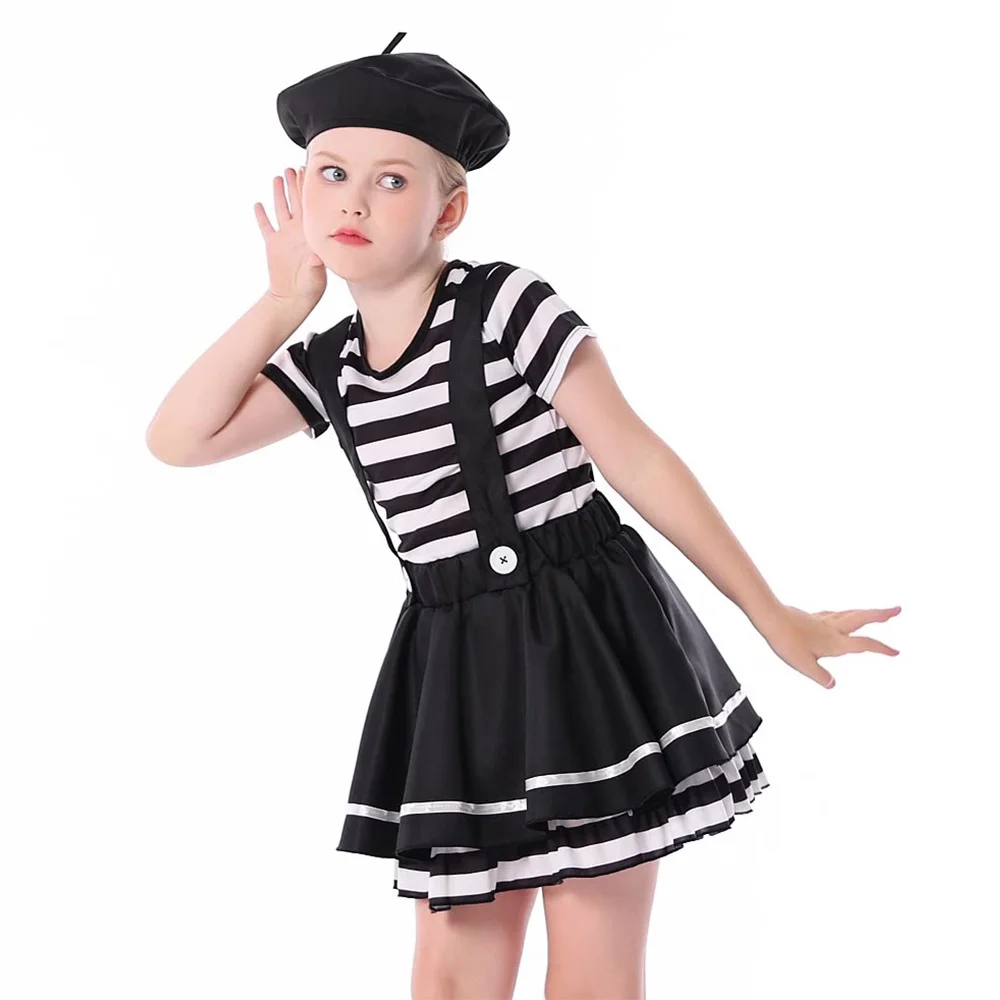 Funny Clown Cosplay Fantasy Girls Clothing Black White Striped Stage Costume Disguise Teen 6 to 14 Years Roleplay Party Outfits
