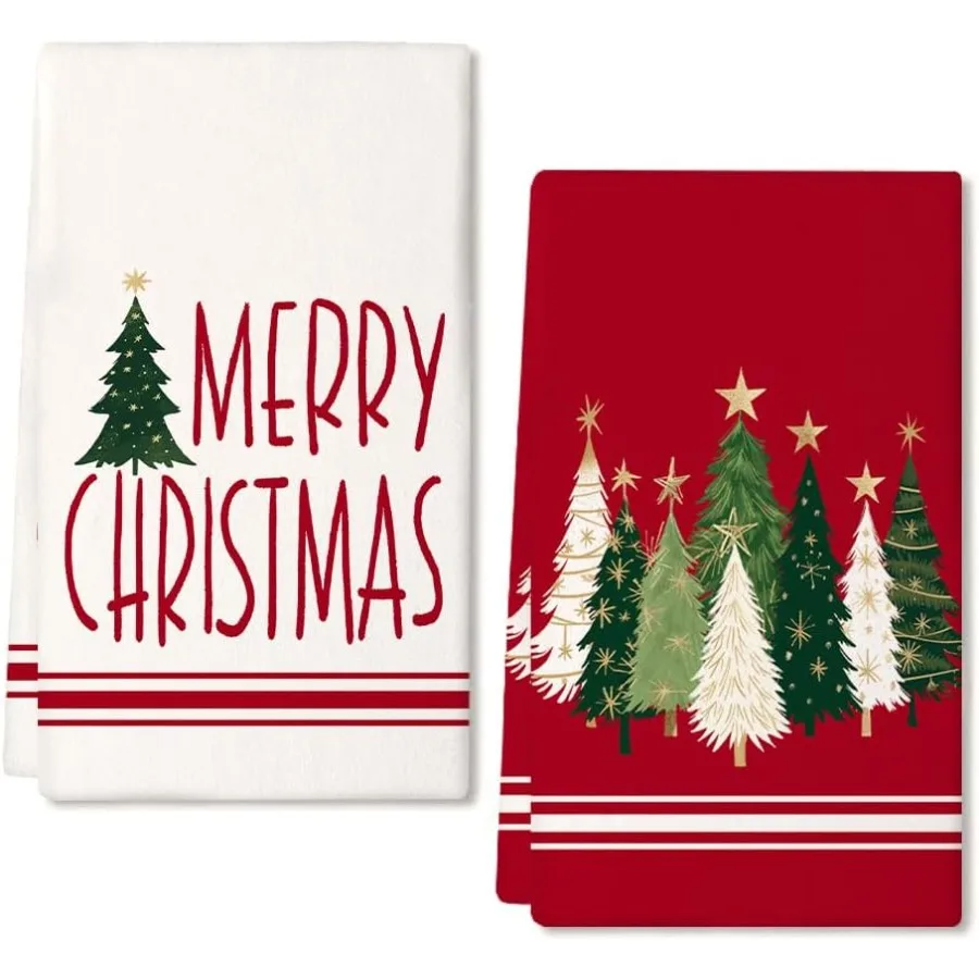 

Merry Christmas Kitchen Towels Set of 2Red Xmas Tree Dish Hand Towels Holiday Home Indoor Bathroom Party Seasol Noel Decoration
