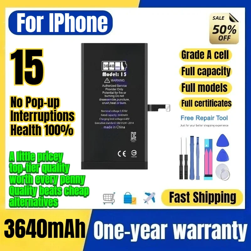 A3090/A2846/A3089/A3092 for IPhone 15 Battery No Pop-up Interruptions Health 100%  Replacement Bateria Grade A Cell with Tools