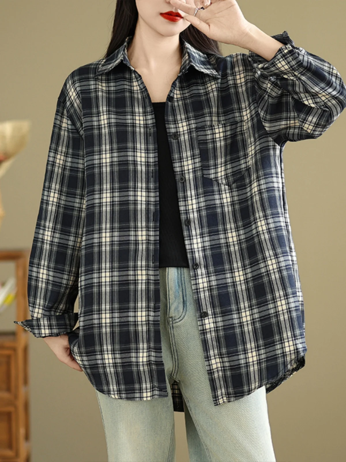 

Повседневный универсальный свободный длинный кардиган в клетку для женщин, верхняя одежда, весенняя одежда