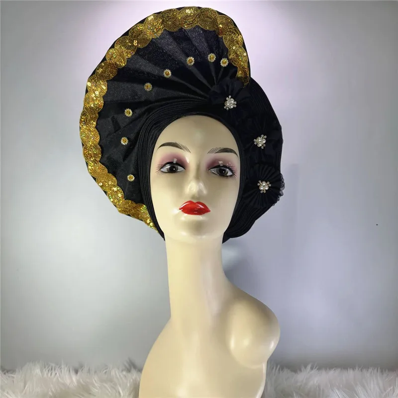 Elegant African Gele Headband with Lace - 100% Cotton, One Size display picture 1