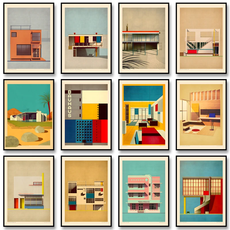 Póster de composición residencial Bauhaus Vintage, lienzo clásico impreso, cuadro artístico de pared abstracto para decoración del hogar