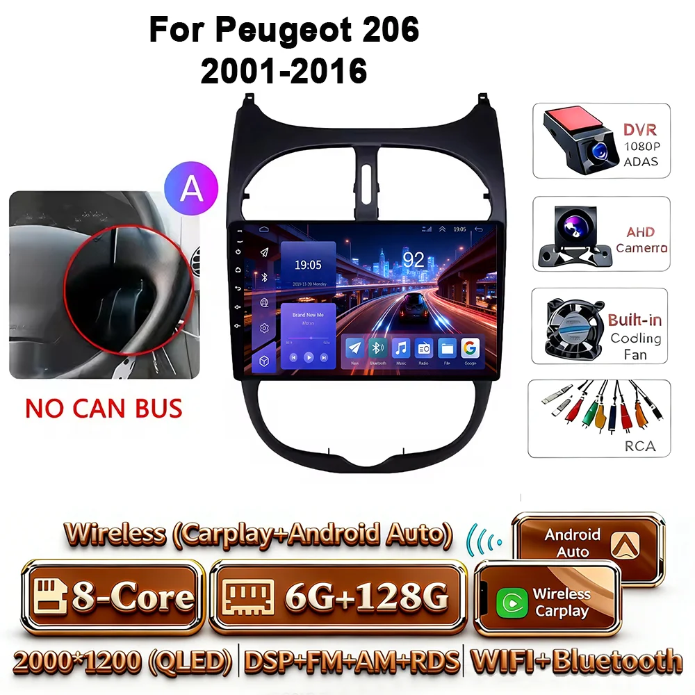 Android 17 Carplay Android Auto 4G WIFI autoradio voor Peugeot 206 2001-2016 GPS DSP BT touchscreen multimediasysteem navigatie stereo