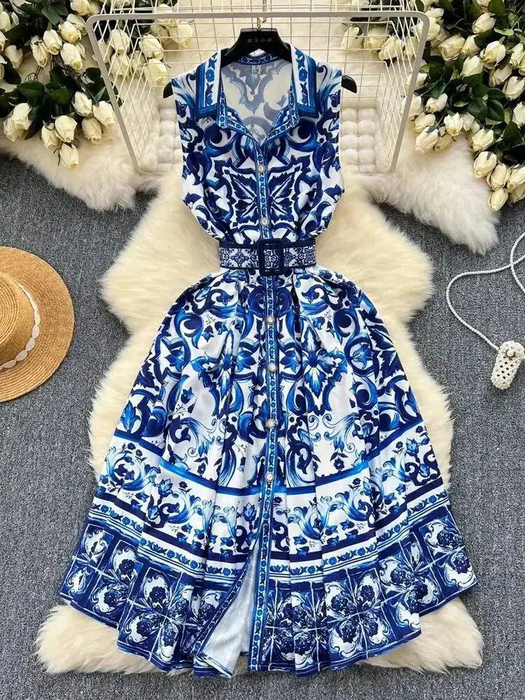 JAMERARY แฟชั่นฤดูร้อน Holiday ดอกไม้ Midi เสื้อผู้หญิงแขนกุด Baroque พิมพ์เข็มขัดยาว Vintage Party Vestidos