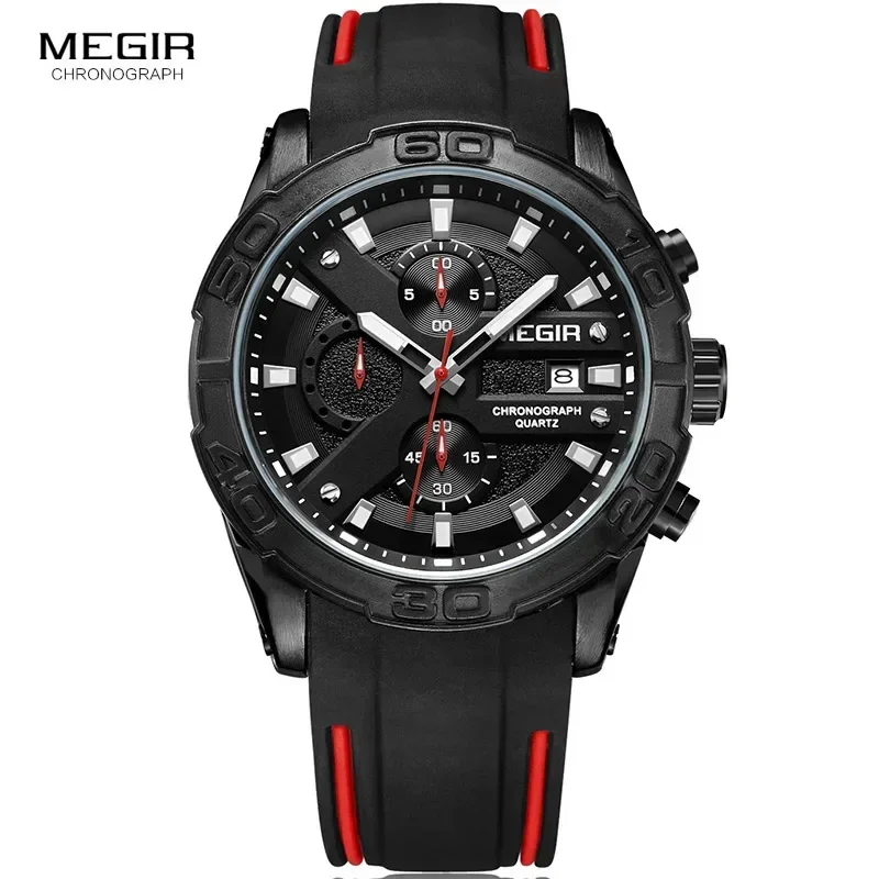 MEGIR Men's Fashion Sports Quartz Watches Luminous Silicone Strap Chronograph Analogue Wrist Watch for Man Black Red 2055G-BK-1