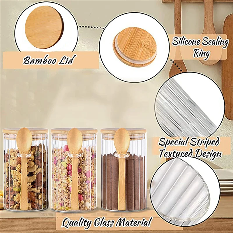 

【Must-Haves】25 OZ Airtight Glass Jars With Bamboo Spoons Lids Overnight Oats Container Decorative Coffee Bar Food Storage Jar Ea