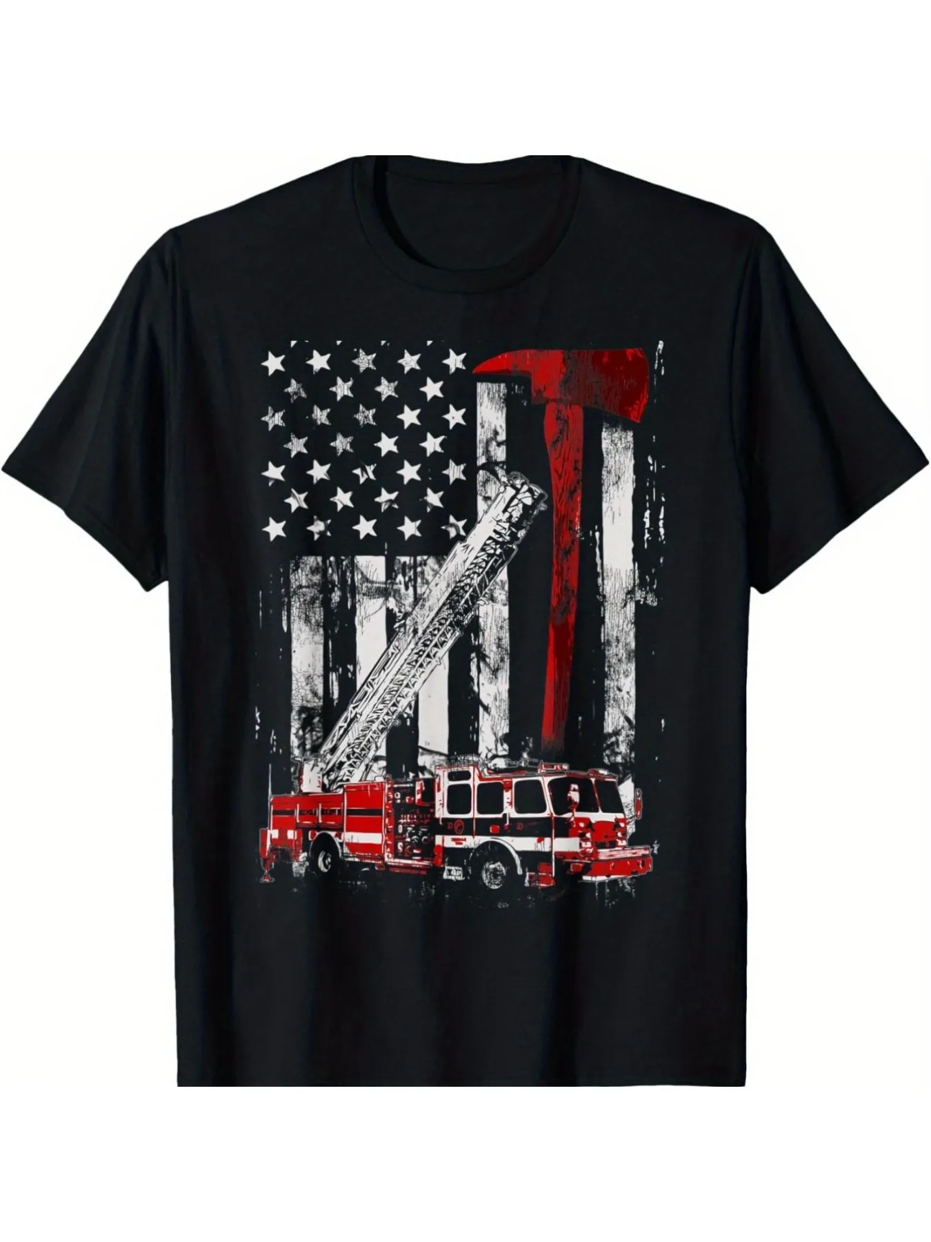 Fire Engine Truck Axe T-Shirt Thin Red Line Firetruck, Comfortable Short Sleeve  Crew Neck T-Shirt, Casual Soft Men's T-Shirt Summer Tee