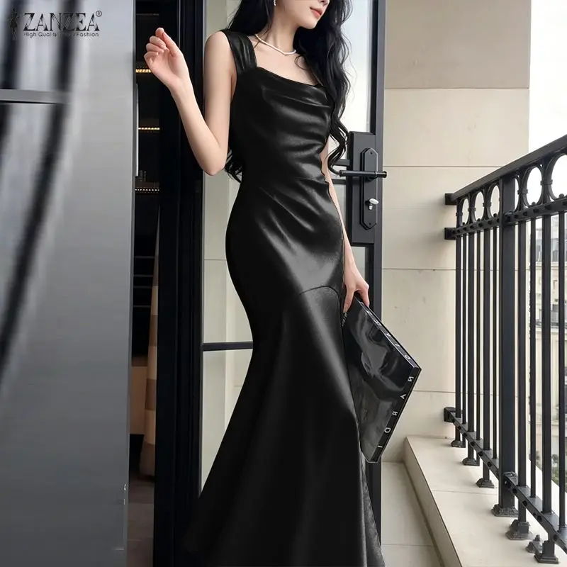 Stilvolles Fishtail-Satin-Partykleid 2026 ZANZEA Elegantes Damenkleid mit quadratischem Ausschnitt und Trägern, ärmelloses Tank-Kleid, hoch tailliertes Sommerkleid
