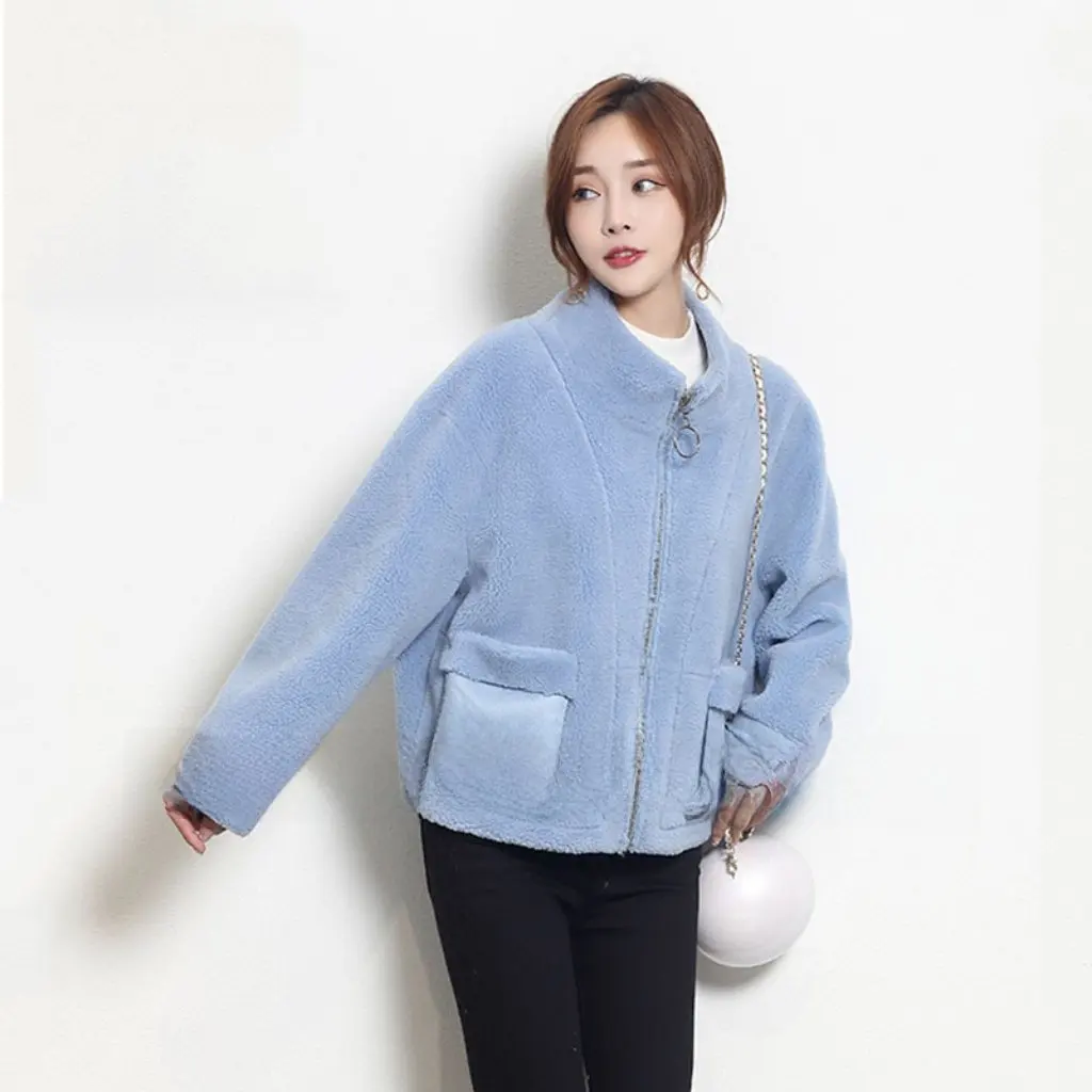 

Bacai Women's Korean-Style Winter Fur Coat Particles Sheep Design Warmth Integrated Leather Jacket