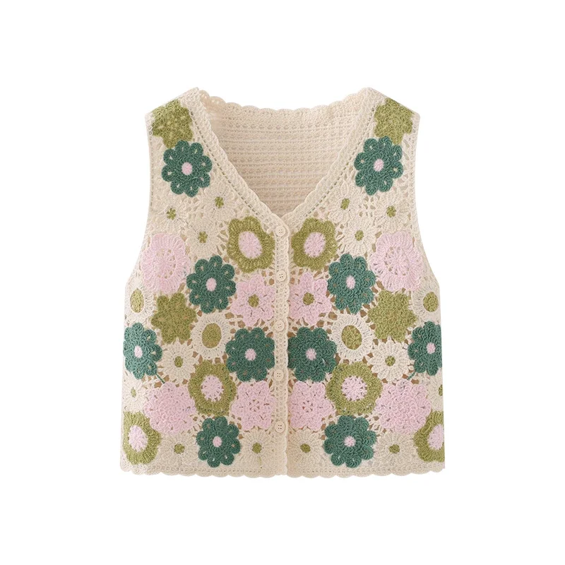 

Вязаный крючком жилет с цветочным принтом, ажурный свитер без рукавов, куртка на пуговицах, вязаный топ, кардиган, женский наряд для отдыха в стиле бохо Chaleco Tejido