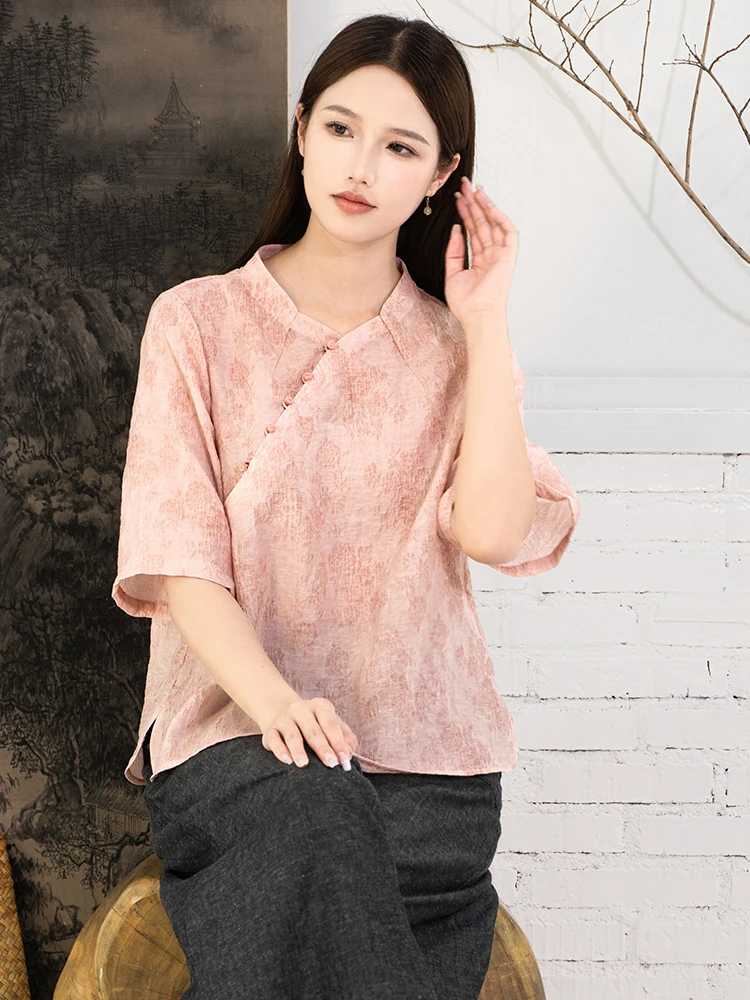 

Original Design Floral Embroidery Pink Overhead irt Chinese Sle Traditional Costume Women's Premium Feeling Top