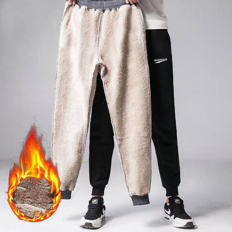 Winter Cashmere Warm Casual Pants Men's Sports Joggers Sweatpants Velvet Thicken Stretch Loose Trousers Lace-up Male Plus Size