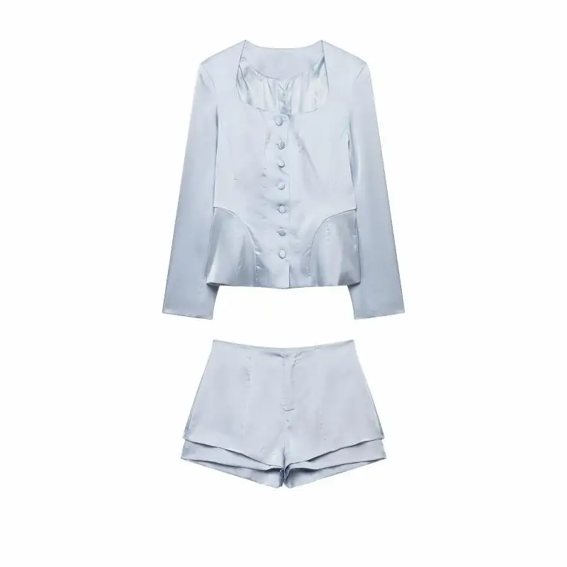 Maxdutti Southern French Elegant And Fashionable Satin Square Neck Breasted Suit Jacket Top Shorts Casual Pants Set Suit Woman