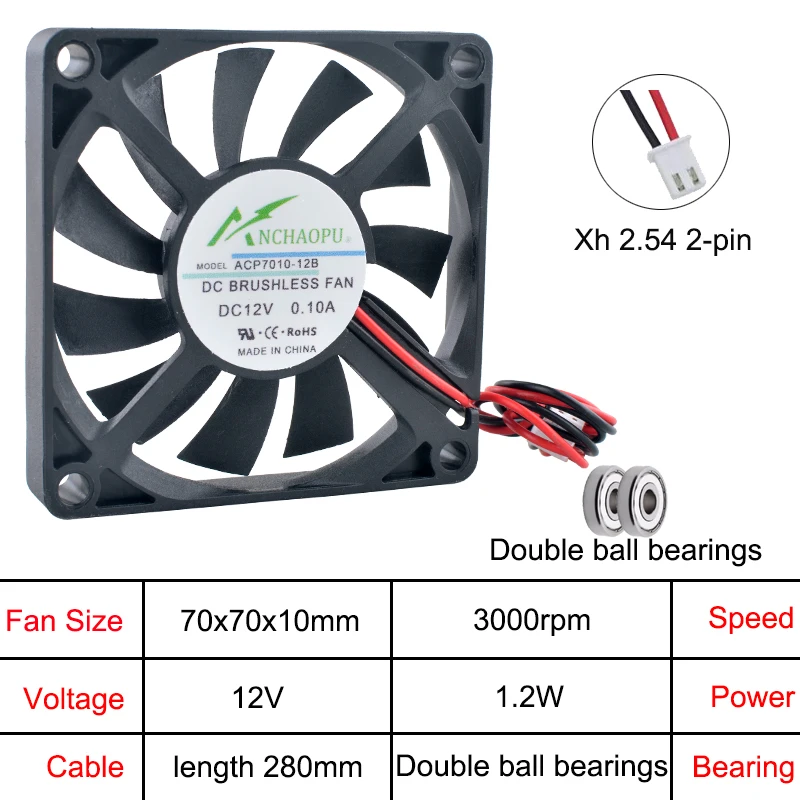 

(3 шт.) Ультратонкий 2-контактный осевой вентилятор охлаждения 70x70x10 мм, многовольтовый, для инверторного блока питания ACP7010