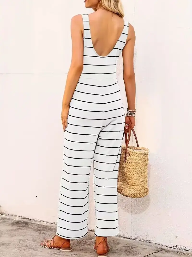 Striped Print Tank Jumpsuit, Casual Wide Leg Sleeveless Crew Neck Jumpsuit, Women\'s Clothing