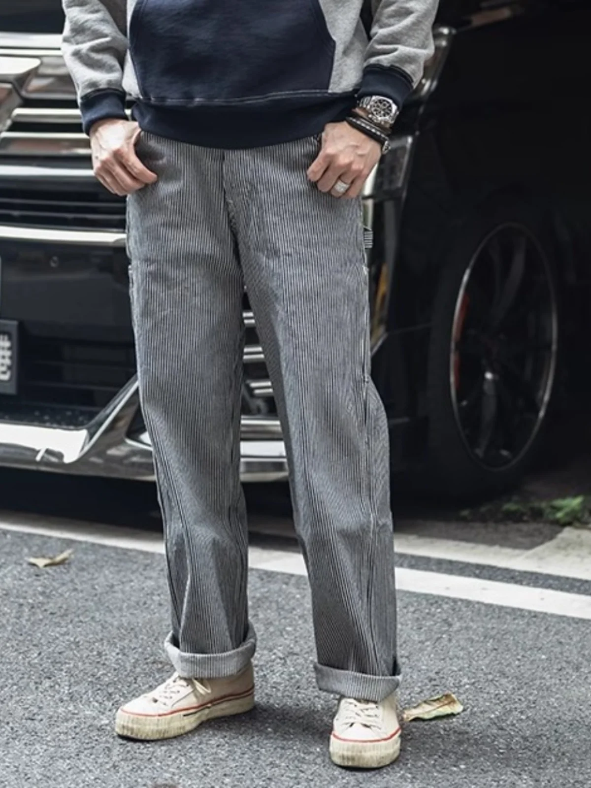 

American Retro W Bamboo Fiber Straight Leg Jeans HIORY Stripe Carpenter Workwear Long Pants Cotton Denim Casual Trousers