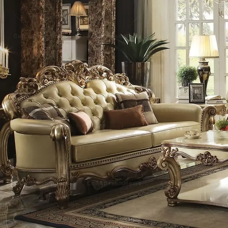 European American Design Living Room Sofas Hand Carved Wooden Structure Genuine Leather Cover Sofa Set Furniture