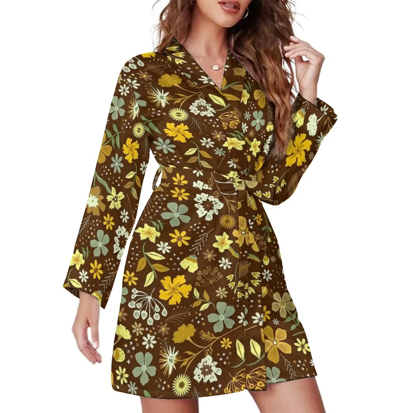 Autumn Boho Floral Pajama Robe Female Flowers Print Bedroom Bathrobe Long Sleeves V Neck Design Pajamas Robes Spring Dresses