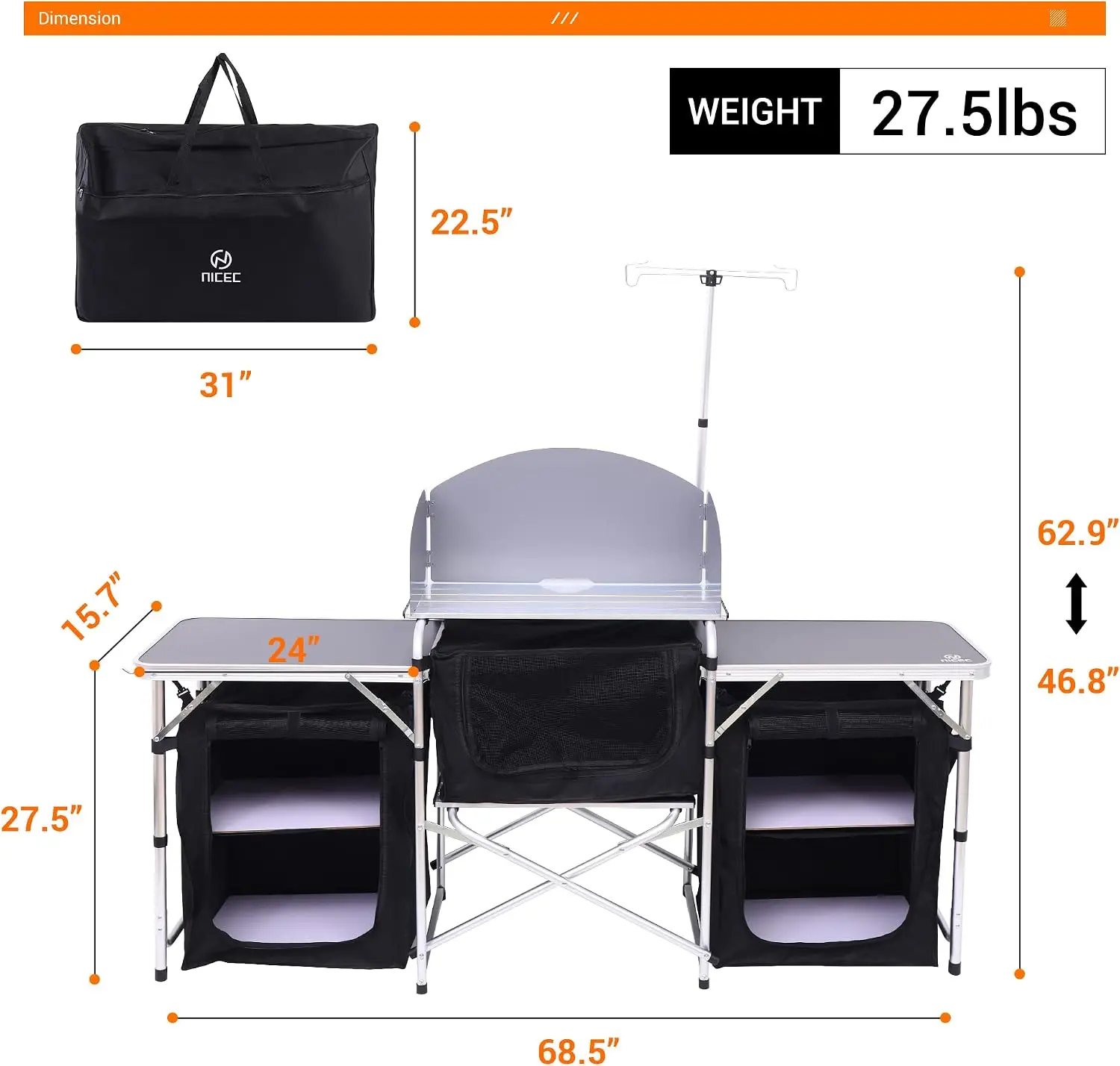 Camping Kitchen Table, Folding Cook Table, Cook Station (Silver) | Portable Grill Table, Upgraded Light Stand, Windshield, 3