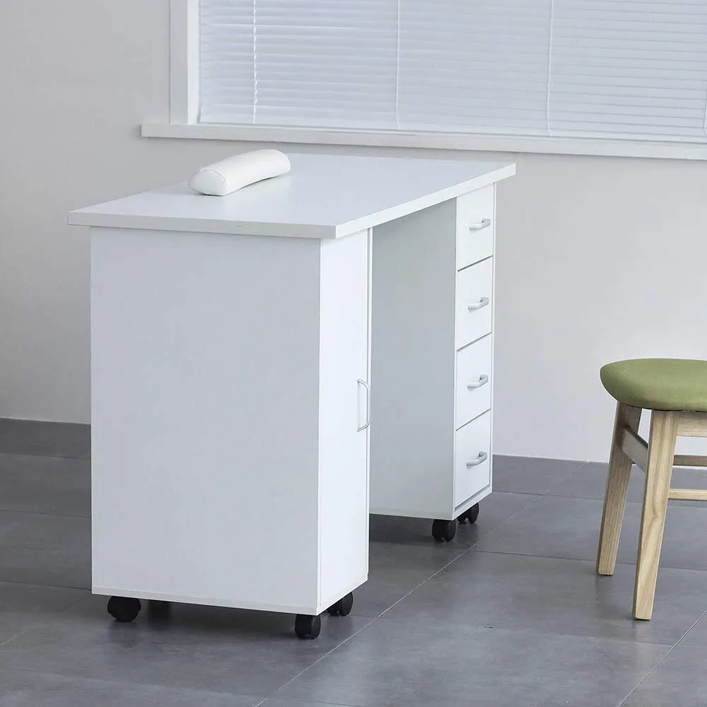 Nail Table Station Spa Beauty Salon Wheel Desk with Door & 4 Drawers