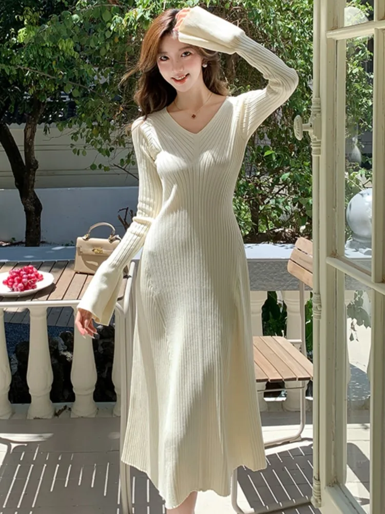 Elegant Vintage Solid Knitted Dress for Women V-Neck Long Sleeve Bodycon Evening Dresses Autumn One Piece Female Casual Clothes