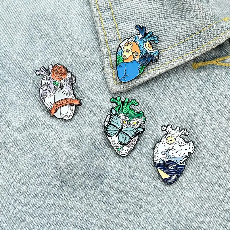 Heart Shape Enamel Pins Custom Van Gogh Space Ocean Whale Rose Girl Brooch Lapel Pin Shirt Bag Badge Jewelry Gift for Friends