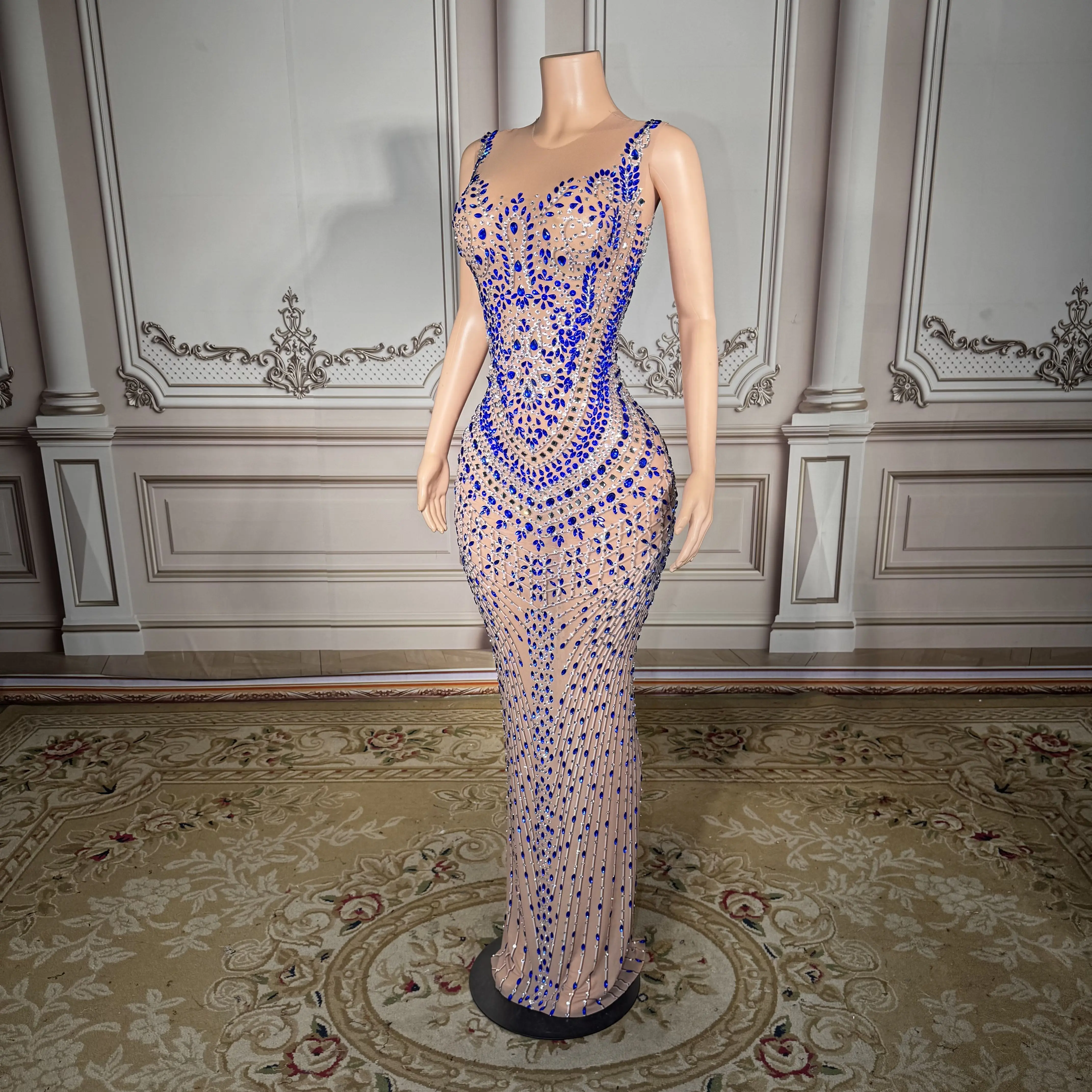 Zd strass pérola diamante incrustado em torno do pescoço sem mangas voltar split luxo elegante vestido longo noite clube bar desempenho vestido