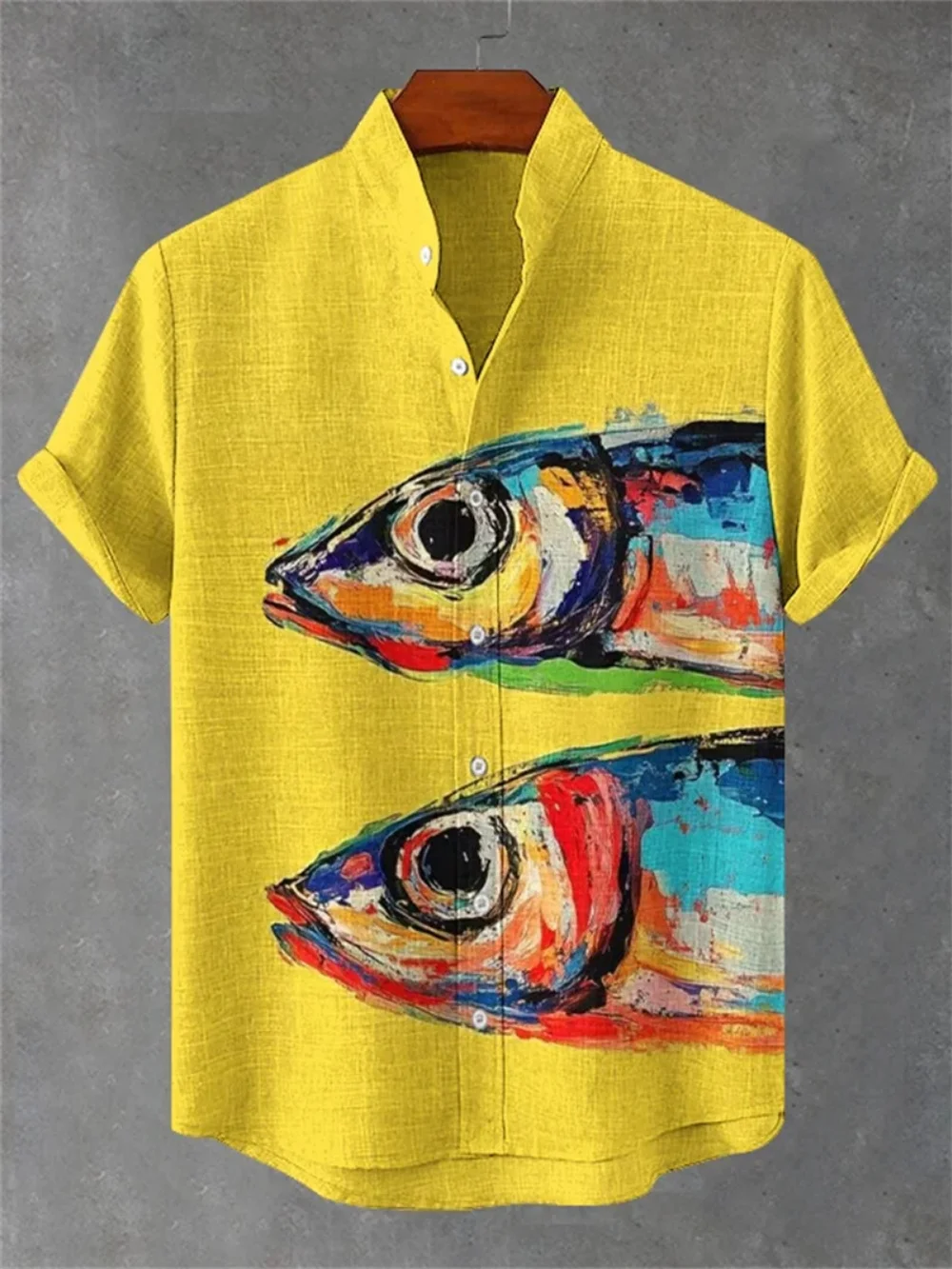 

Men's Fashionable Stand up Collar Short Sleeve Shirt Abstract Painting Fish Print Casual Breathable Social Party Wear 2025