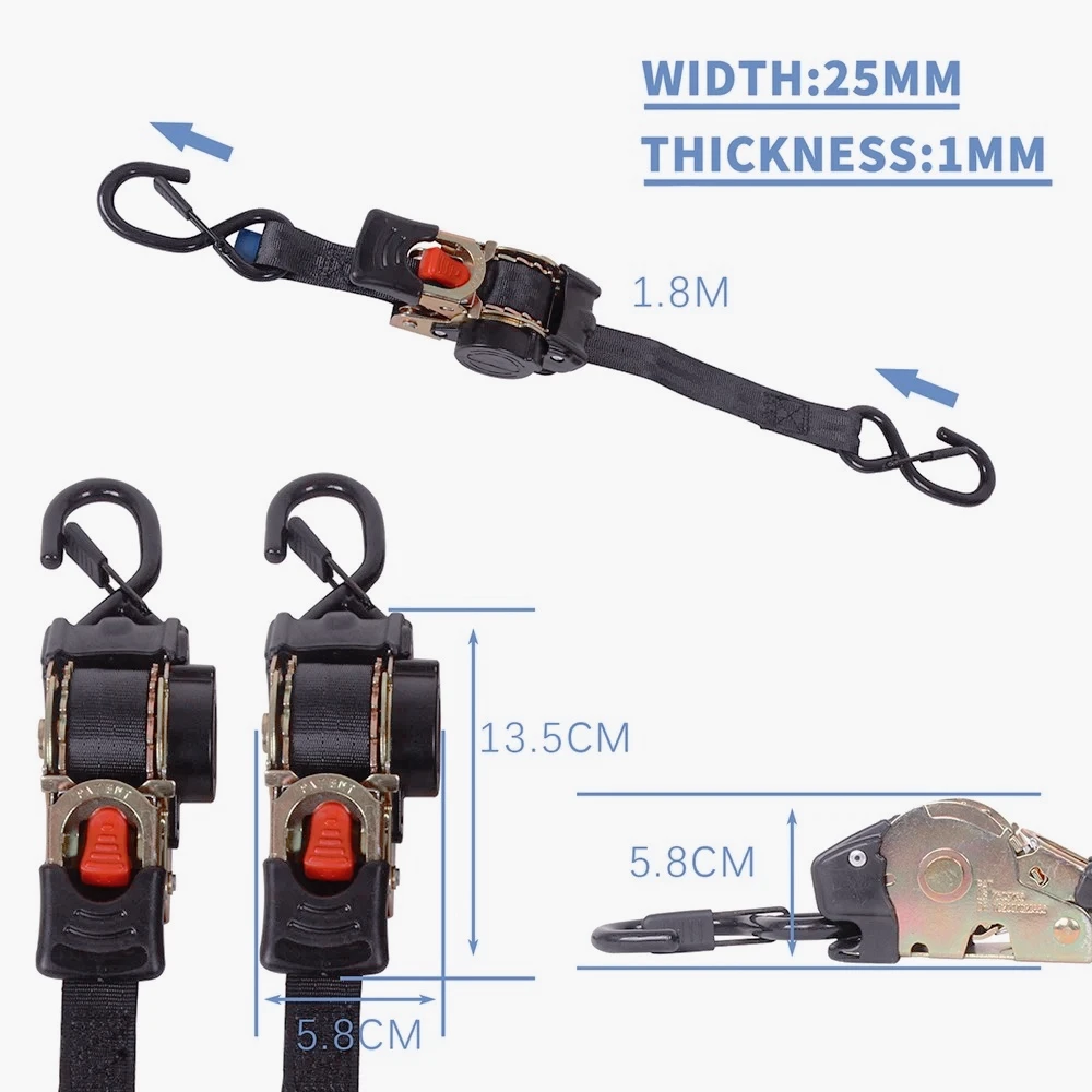 Auto Retract Ratchet Tie Down Strap Hook 25mmx1.8M for Cargo Transom Securing of Loads onto Flatbeds or trailers