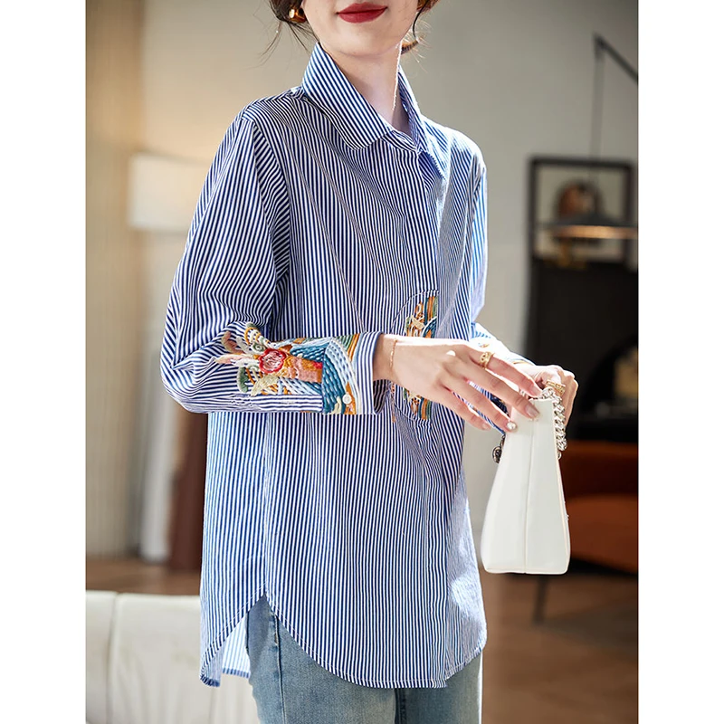 

Модные полосатые рубашки с вышивкой на пуговицах и лацканами, женская одежда, весна-осень 2022, новые свободные универсальные топы, повседневные блузки