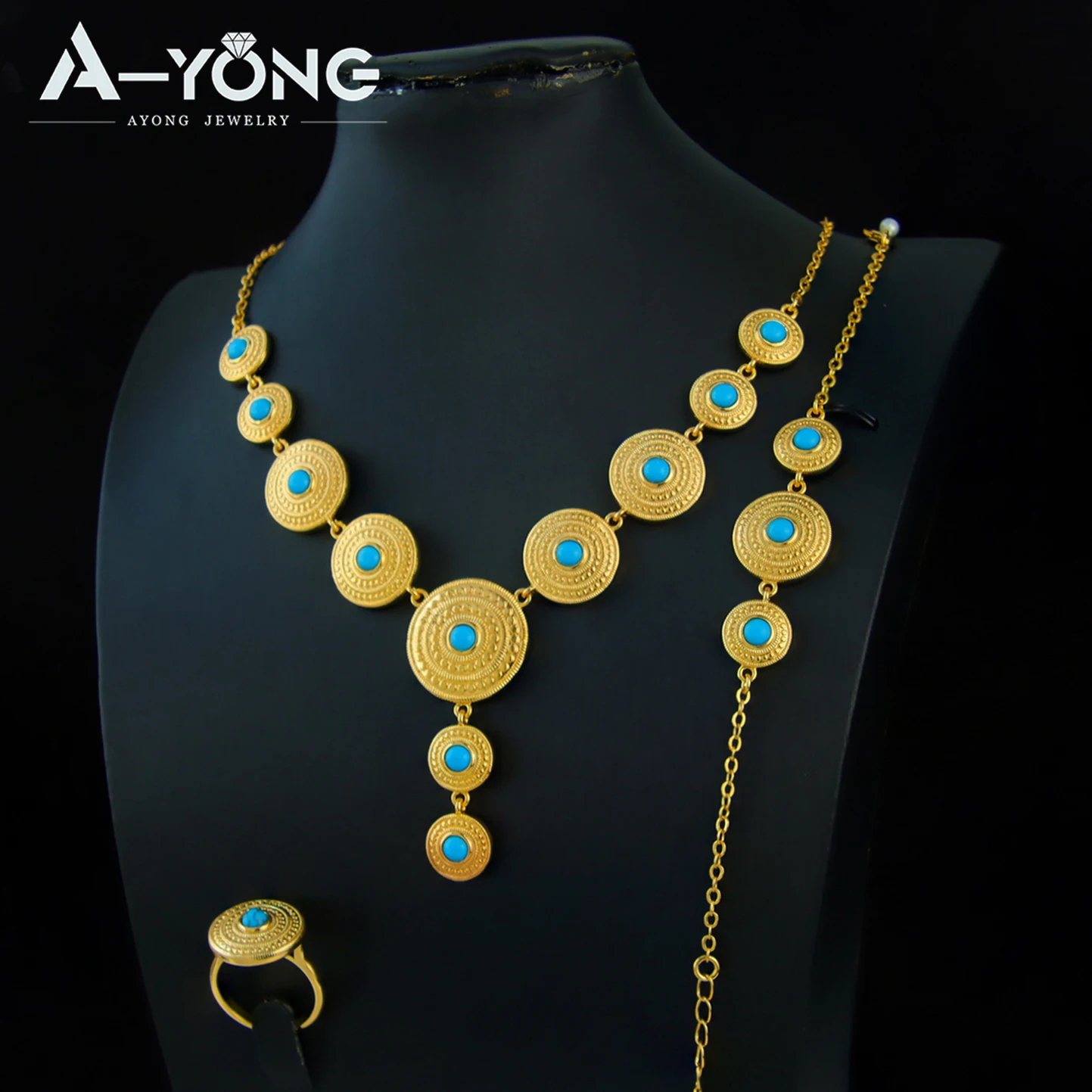 Luxury Ethiopia Gold Color Jewelry Set 21k Gold Plated Dubai Turquoise Fashion Necklace Bracelet Ring Women Event Party Jewelrys