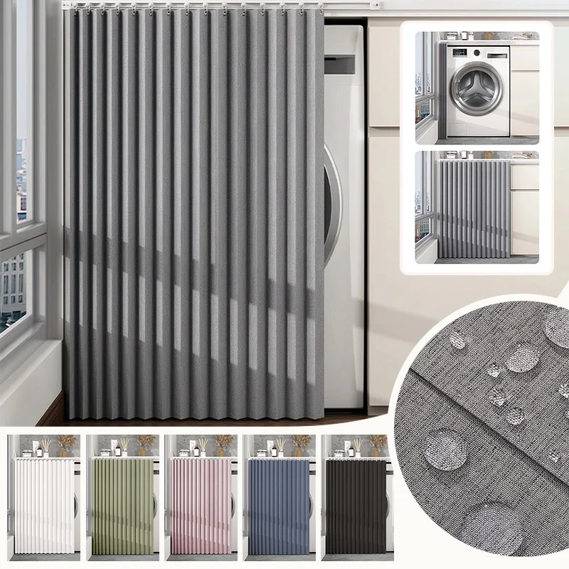 Folding Cabinet Curtain for Washing Machine Kitchen Cupboard Door Cover with Self-Adhesive Track Sun Shade Waterproof Curtain