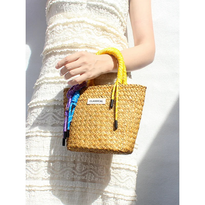 

Colorful Woven Nylon Rope Basket Bag Straw Handbag Handmade Beach Tote Boho Crochet Shoulder Bag for Women Hot Sale