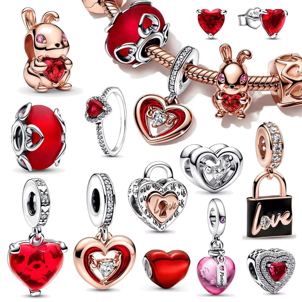 Gorgeous S925 Silver Pink Love Potion Red Murano Glass Heart Dangle Charm Fit Pandora Bracelet & Bangle Women Fine Jewelry Gift