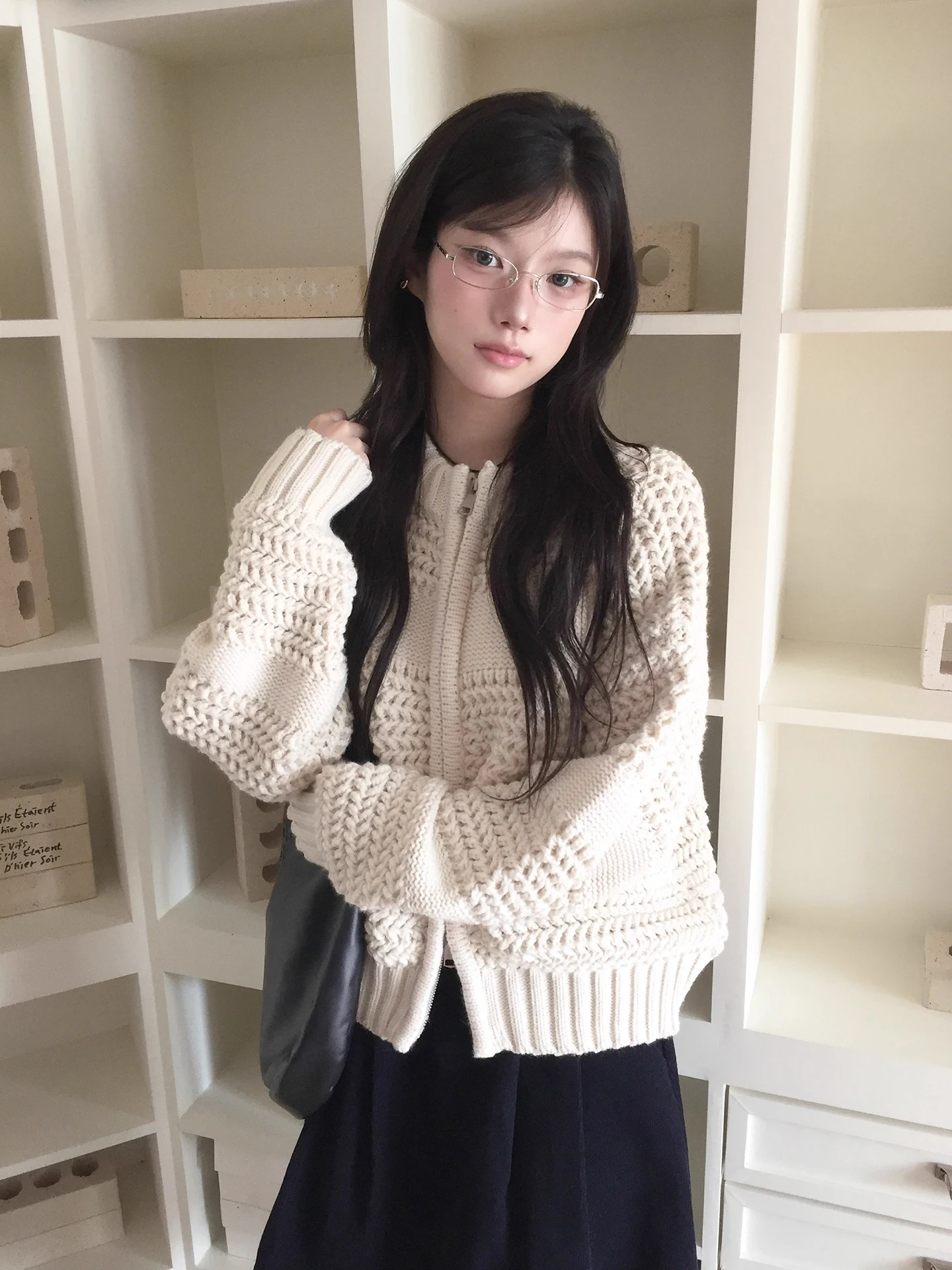 

Retro Heavyweight Knitted Zipper Sweater Coat Women's Winter New Sle Versatile Long Sve round Ne Pullover Knitwear