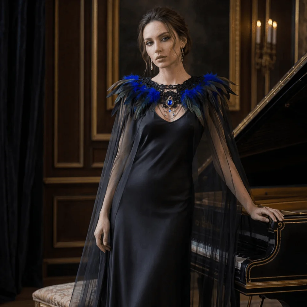 Black Halloween Feather Cloak Fur Collar Mesh Fringe Hollow Lace Mesh Cape Flowing Elegant Festival Costume Cape Dance Cloaks