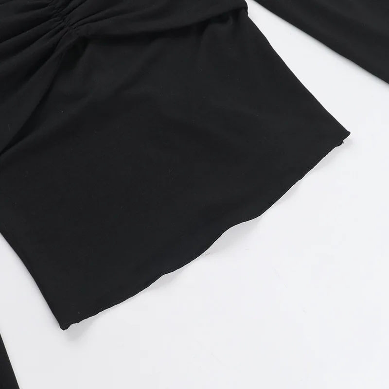 Pleated Casual Long Sleeve T-shirt Top Female Slim Cropped Patchwork Solid Fashion High Waist Pullover Women's Summer Tee