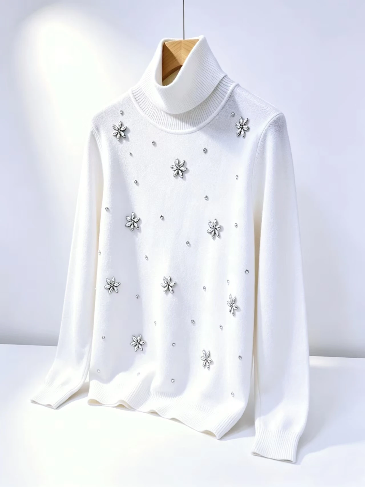 Luxury Handmade Sparkle Diamonds Stitch Turtleneck White Gray Sweater for Women Autumn/Winter Knitwear Bottoming Pullovers Femme
