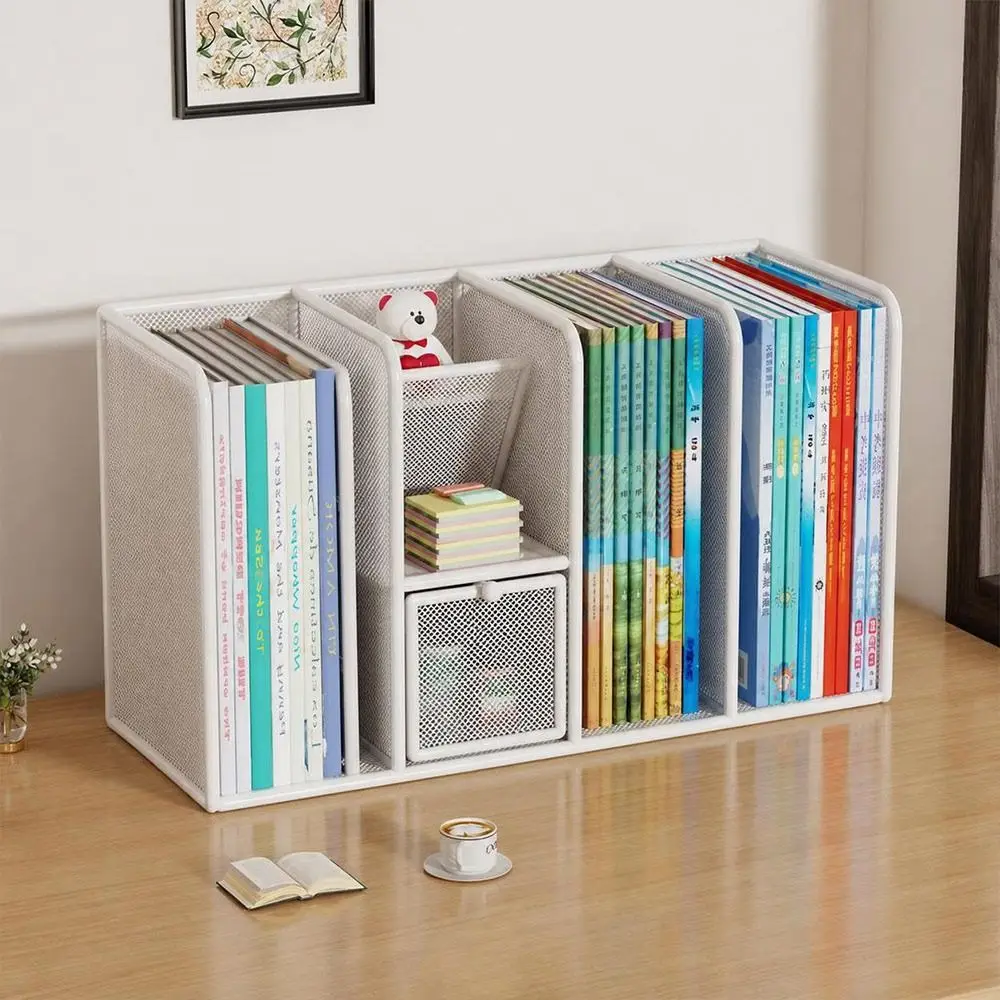 Metal Desk Book Rack Mesh Structure Multi-Compartment Desk Stationery Organizer Pull-Out Drawers