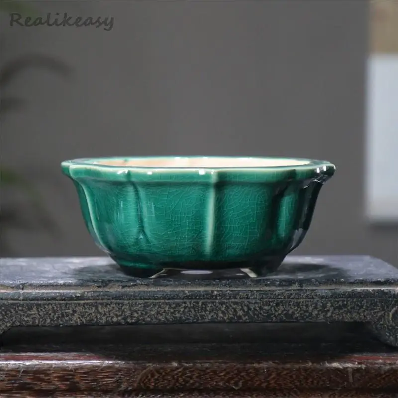 Yixing Purple Clay Flower Pot Crack Ceramic Bonsai Pot Lotus Shape Zen Chinese Style Ancient Decorative Small Flower Pot LE144