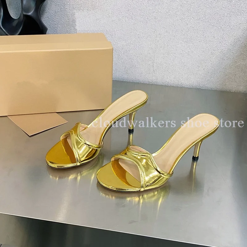 

Playful Wavy Lines Peep Toe Shiny Patent Leather Slippers Dinner Party Slingback Stiletto Slippers Elegant Ladies Dress Shoes