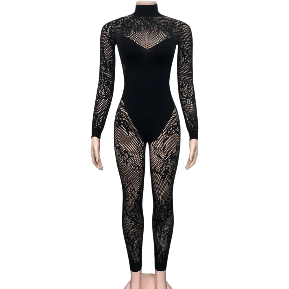 Damen Schwarzer Spitzen-Mesh-Jumpsuit mit hohem Kragen, langen Ärmeln, transparentem Bodycon-Design, sexy Party-Clubwear, hautenges, einteiliges Outfit. – Detail 7
