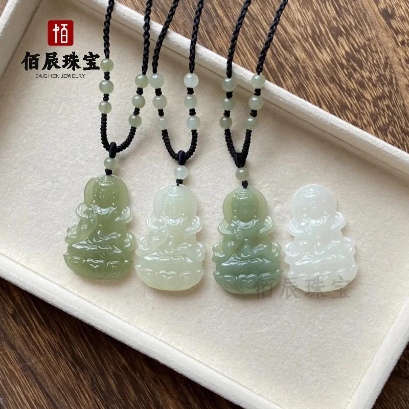 

Натуральный нефритовый кулон Гуаньинь из хэтяньского нефрита ручной работы, плетеное ожерелье для женщин и мужчин